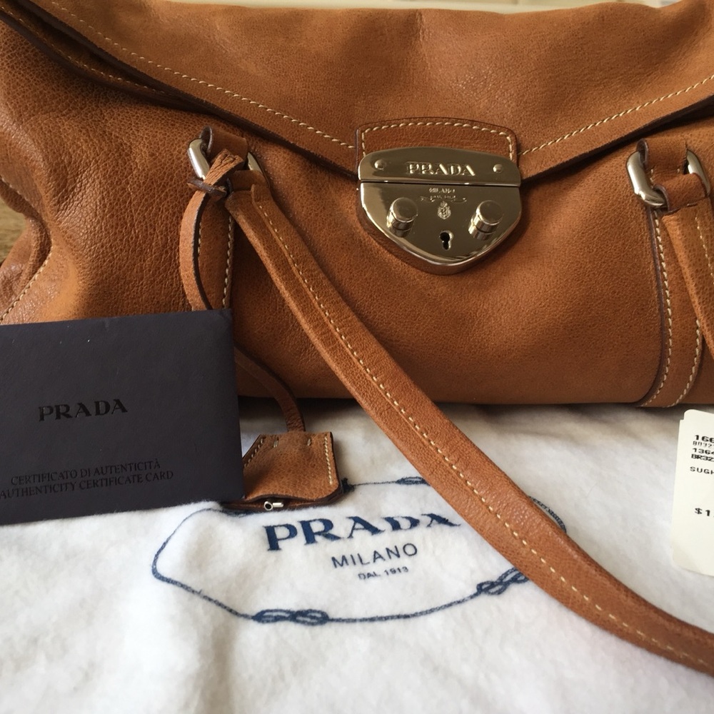 Prada Cognac Leather Handbag with Silver-Tone Lock - Picture 8 of 11